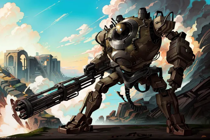 (masterpiece:1.4), (best quality:1.4), (high resolution:1.4),official art, <lora:gatling_gun_lora01:0.8>, holding gatling gun, gun,shell casing, bangs,firing, extreme detailed,highest detailed,optical mixing, unique visual effect, <lora:BlitzcrankV2-000024:0.7>,blitzcrank,robot,mecha, steampunk, outdoors, ruins,