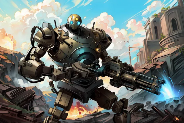 (masterpiece:1.4), (best quality:1.4), (high resolution:1.4),official art,  <lora:gatling_gun_lora01:0.8>, holding gatling gun, gun,shell casing,  bangs,firing, extreme detailed,highest detailed,optical mixing, unique visual effect,   <lora:BlitzcrankV2-000024:0.7>,blitzcrank,robot,mecha, steampunk, outdoors, ruins,