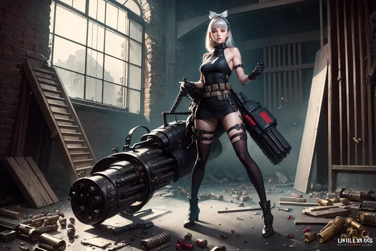 masterpiece, top quality, best quality, official art, beautiful and aesthetic,
1girl,gatling gun,gun, shell casing, looking at viewer, bangs, ammunition belt, gloves, ribbon,breasts,firing,
extreme detailed,highest detailed, optical mixing, playful patterns, lively texture, unique visual effect, <lora:gatling_gun_lora01:1>,full body, ruins, factory,