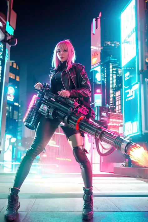 terrorist, fluorescent headgear, short hair, green hair, setting fire from flamethrower, underwear , 14 years old, gas mass, rooftop at night, huge background neon sign, leather gloves, background city is burning