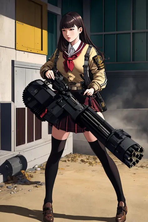 <lora:gatling_gun_lora01:0.8> 1girl,gatling gun,school uniform, shell casing, ammunition belt, full body, outdoors,, (masterpiece, best quality,highres, perfect hands), masterpiece,best quality,ultra-detailed,very detailed illustrations,extremely detailed,intricate details,highres,super complex details,extremely detailed 8k cg wallpaper
