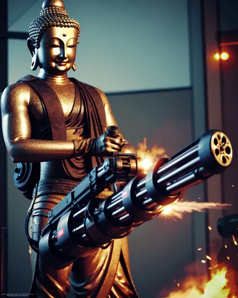 <lora:gatling_gun:0.9>,(buddha),(big gatling gun:1.2),firing,shell casing,looking at viewer,ammunition belt,gloves,lively texture,unique visual effect,
masterpiece,best quality,highres,photorealistic,realistic,extremely detailed 8k wallpaper,highest detailed,