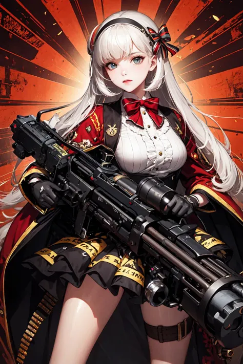 masterpiece, top quality, best quality, official art, beautiful and aesthetic,
1girl,gatling gun, shell casing, looking at viewer, bangs, ammunition belt, gloves, ribbon,
extreme detailed,highest detailed, optical mixing, playful patterns, lively texture, unique visual effect,