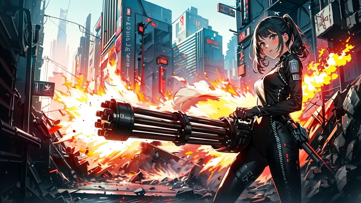 ((Best quality)), ((masterpiece)), (highly detailed:1.3) beautiful hyper waifu in cyberpunk bodysuit firing gatling gun,gun,anime,<lora:gatling_gun_lora01:1>