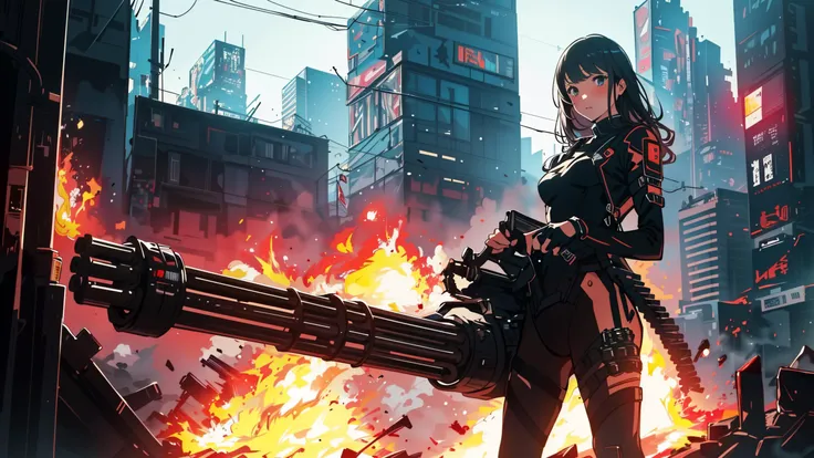 ((Best quality)), ((masterpiece)), (highly detailed:1.3) beautiful hyper waifu in cyberpunk bodysuit firing gatling gun,gun,anime,<lora:gatling_gun_lora01:1>