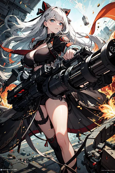 masterpiece, top quality, best quality, official art, beautiful and aesthetic,
1girl,gatling gun, shell casing, looking at viewer, bangs, ammunition belt, gloves, ribbon,breasts,firing,
extreme detailed,highest detailed, optical mixing, playful patterns, lively texture, unique visual effect,