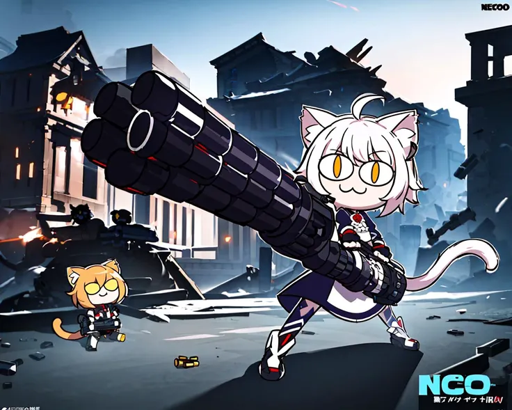 masterpiece, best quality,1girl, gatling gun, shell casing, looking at viewer,firing, neco-arc , 1girl, full body, :3, cat ears, chibi, cat girl, solo, slit pupils, sunrise stance, (holding weapon:1.3),ruins, building