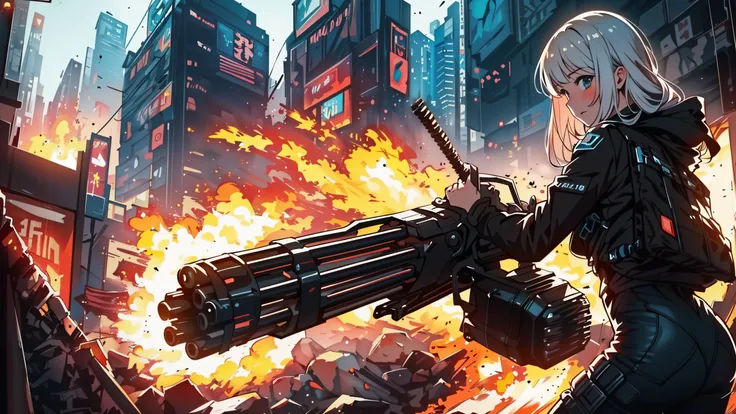 ((Best quality)), ((masterpiece)), (highly detailed:1.3) beautiful hyper waifu in cyberpunk bodysuit firing gatling gun,gun,anime,<lora:gatling_gun_lora01:1>