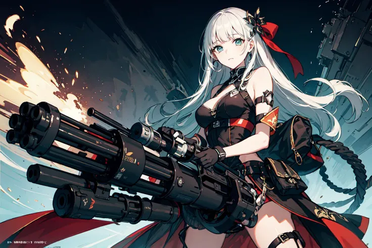 masterpiece, top quality, best quality, official art, beautiful and aesthetic,
1girl,gatling gun,  shell casing, looking at viewer, bangs, ammunition belt, gloves, ribbon,breasts,firing,
extreme detailed,highest detailed, optical mixing, playful patterns, lively texture, unique visual effect,