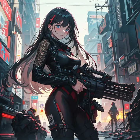 ((Best quality)), ((masterpiece)), (highly detailed:1.3) beautiful hyper waifu in cyberpunk bodysuit firing gatling gun,gun,anime,<lora:gatling_gun_lora01:1>