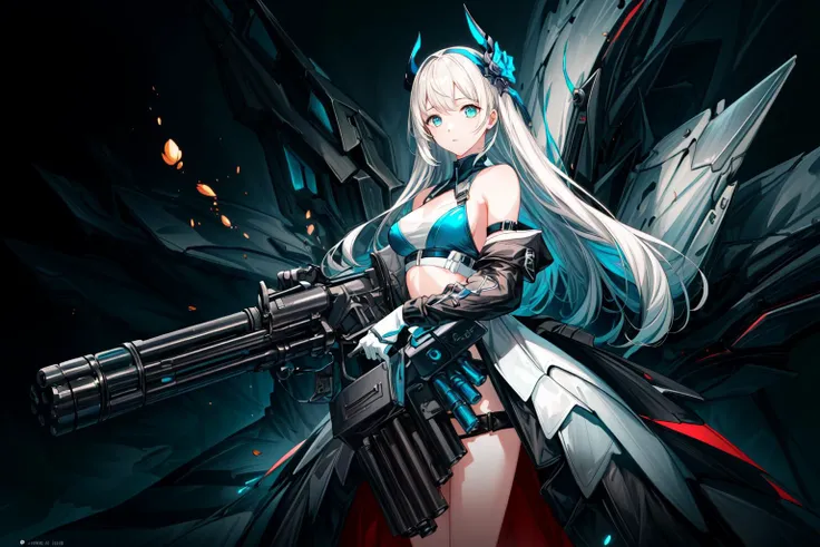 (masterpiece:1.4), (best quality:1.4), (high resolution:1.4),official art, beautiful and aesthetic,1girl, <lora:gatling_gun_lora01:0.7>, gatling gun, gun,shell casing, looking at viewer, bangs, ammunition belt, gloves,breasts,firing, extreme detailed,highest detailed,optical mixing, playful patterns, lively texture, unique visual effect, <lora:add_detail:1>, WarriorStyle