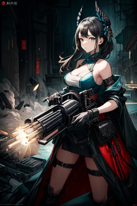 (masterpiece:1.4), (best quality:1.4), (high resolution:1.4),official art, beautiful and aesthetic,1girl, <lora:gatling_gun_lora01:0.7>, gatling gun, gun,shell casing, looking at viewer, bangs, ammunition belt, gloves,breasts,firing, extreme detailed,highest detailed,optical mixing, playful patterns, lively texture, unique visual effect, <lora:add_detail:1>, WarriorStyle