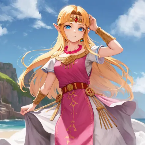 masterpiece, best quality, <lora:zelda-albw:0.8> , zelda-albw, 1girl, solo, ahetobleh, pink dress, tiara, jewelry, bead necklace