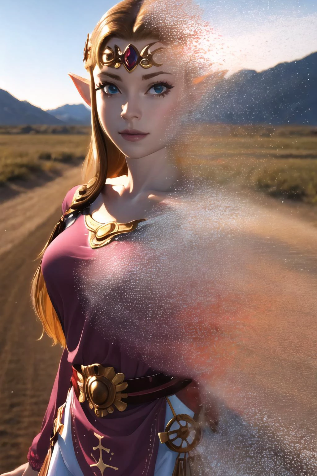 Highly detailed, High Quality, Masterpiece, beautiful, DisintegrationEffect, <lora:DisintegrationEffect:1.1>, 1girl, solo, cowboy shot, zelda-albw, <lora:zelda-albw-fef:0.8>