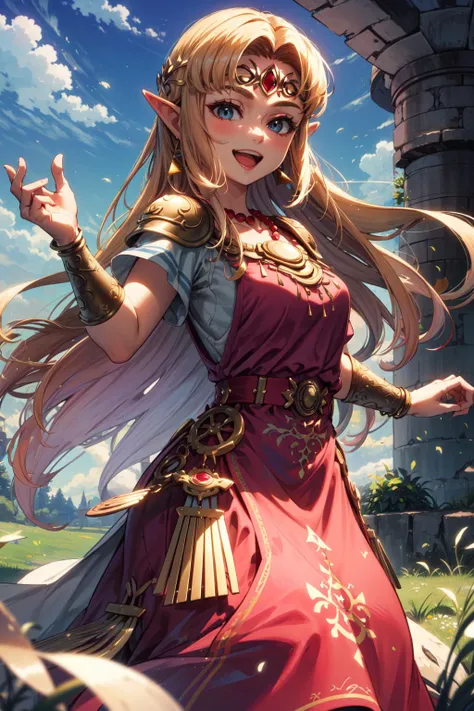 masterpiece,best quality,1girl,zelda-albw,pink dress,tiara,jewelry,bracer,bead necklace,smile,open mouth,grass,<lora:zelda-albw:0.8>,