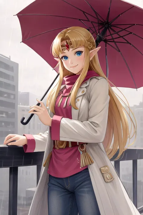 <lora:zelda-albw-10:0.8>, zelda-albw, 1girl, solo, city background, overcoat, jeans, holding umbrella, umbrella, smile, rain, cowboy shot, tiara