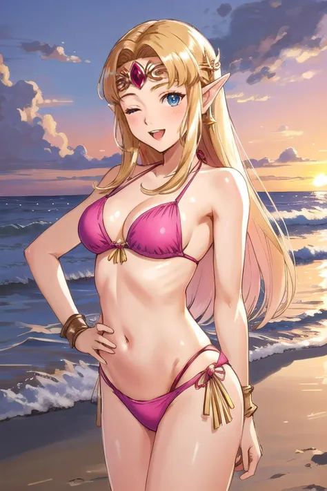 <lora:zelda-albw-10:0.8>, zelda-albw, 1girl, solo, beach background, looking at viewer, blush, :d, eyes closed, hand on own hip, pink bikini, tiara, cowboy shot, sunset