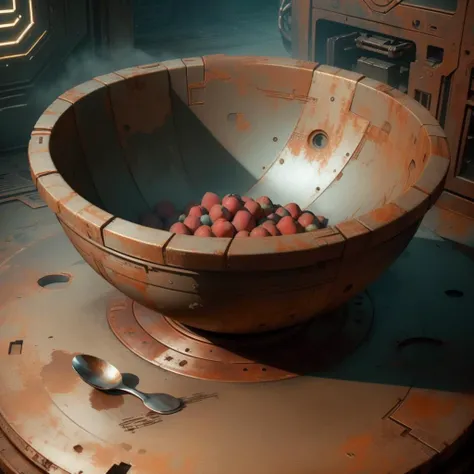 <lora:OxideTech-20:1>,oxidetech ,scifi,rusty steel,
bowl of fruits ,