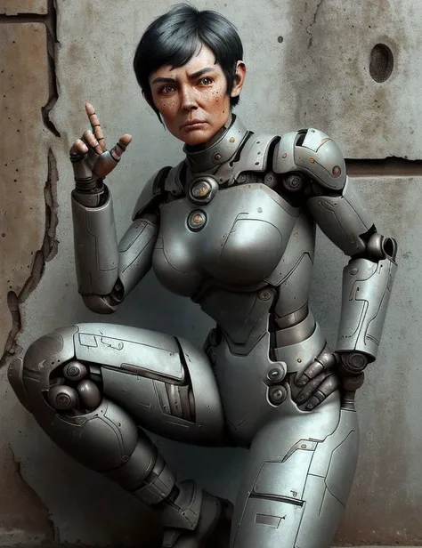 <lora:OxideTech:1.0> OxideTech female Space relic restorer, , Retirement age, Statuesque, Russian, Honey eyes, Crooked Nose, Unique Chin, High Cheekbones, Low Forehead, Rectangular face shape, Sculpted Abs, Freckles, Jet Black Blunt cut hair, Anger, Crouching or leaning against a wall, ready for stealthy maneuvers., wearing Electromesh Paperbag Waist Pants, Neural-linked Tunic, Robotic Steel-toe Boots, , and, Gesturing in a non-verbal exchange with an extraterrestrial being.