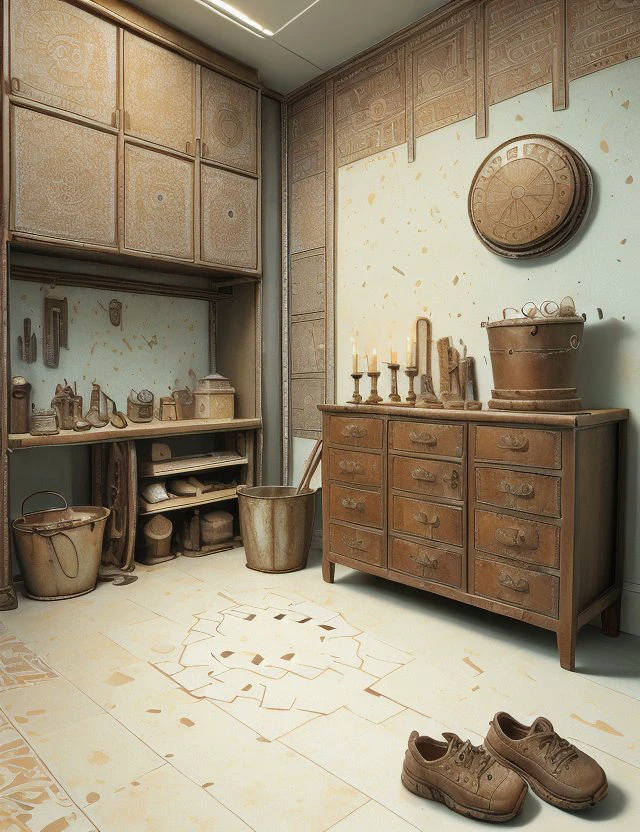 <lora:OxideTech:1.0> OxideTech Storage Room, Dresser,Mop and Bucket,Shoe Rack,Candles,Alarm Clock, Inlay Weave tapestry and Terrazzo Flooring and Gneiss, Candlelight, Wall Grazing