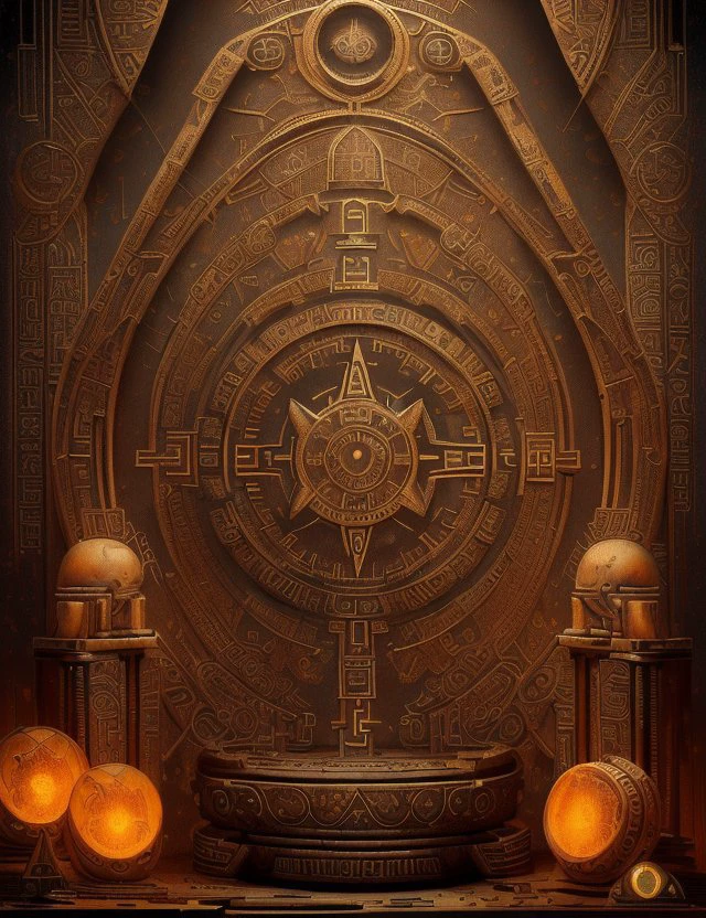 <lora:OxideTech:1.0> OxideTech Time-scrolls Archives, Enigmatic Hieroglyphs,Compass,Ancient Statue,Nanotechnology Devices, Soumak with Twinning tapestry, Bonfire, Strobe Lights, fantasy