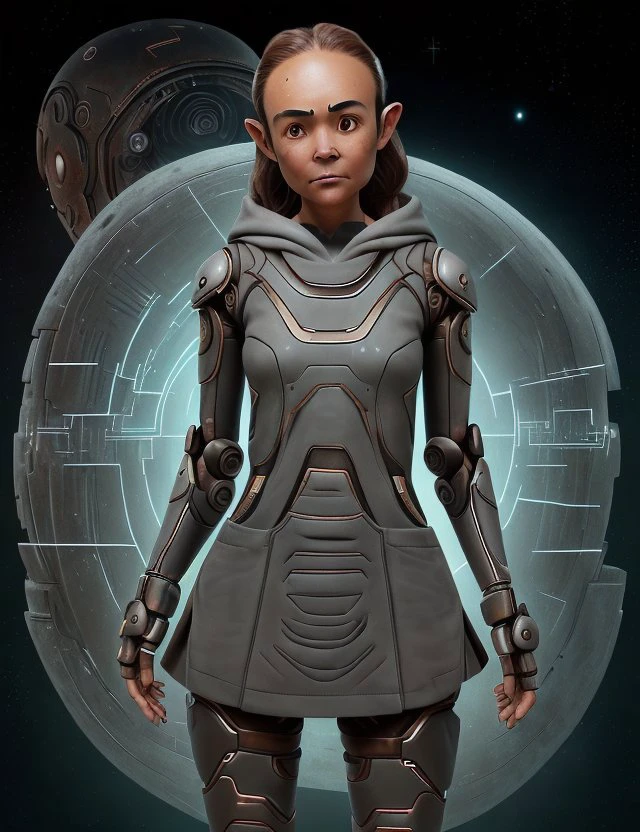 <lora:OxideTech:1.0> OxideTech female Space battle tactician, , Elderly, Plump, Indigenous Australian, Gray eyes, Gauged Ears, Hollow Cheeks, Flat Forehead, Square face shape with Round Forehead, Elegantly Arched Feet, , Light Chestnut Long layers hair, Disapproval, Gesturing in a non-verbal exchange with an extraterrestrial being., wearing Champagne Robotic Utility Kilt, Suede Electromesh Hoodie, Bioluminescent Espadrilles, , , Striking a pose with perfect mechanical alignment and posture.