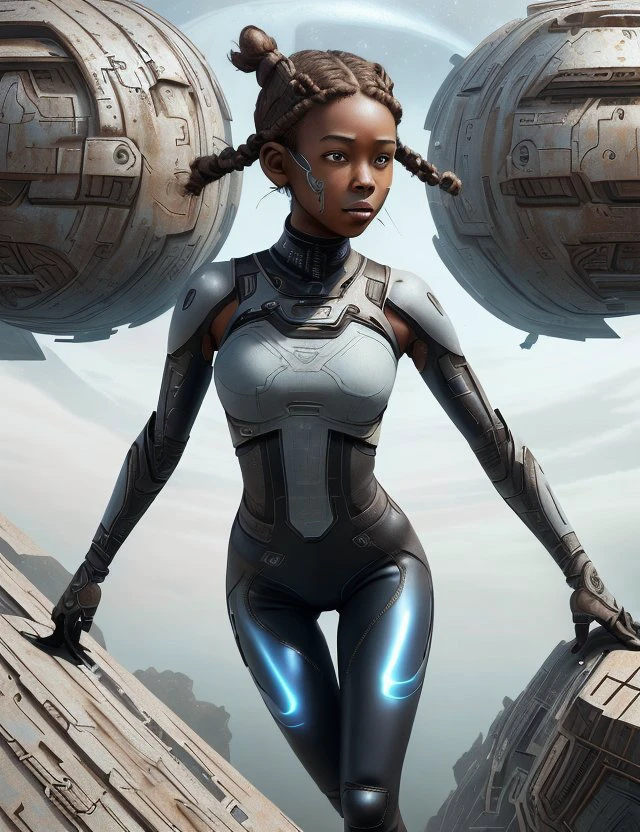 <lora:OxideTech:1.0> OxideTech female Astronaut, Dimension-hoppers- Clad in shimmering, multidimensional attire that shifts hues and patterns., Young adult, Stacked, African, Light brown eyes, Small Ears, Narrow Nose, Rectangular face shape, Well-proportioned Ears, , Indigo Crown braid hair, Pity, Looking out with wonder and curiosity at vast cosmic landscapes., wearing Carbon-fiber Jeggings, Haptic Feedback Tank Top, Electromagnetic High-tops, Holo-chiffon Wide Brim Hat, and, Performing gravity-defying flips or maneuvers with agility.