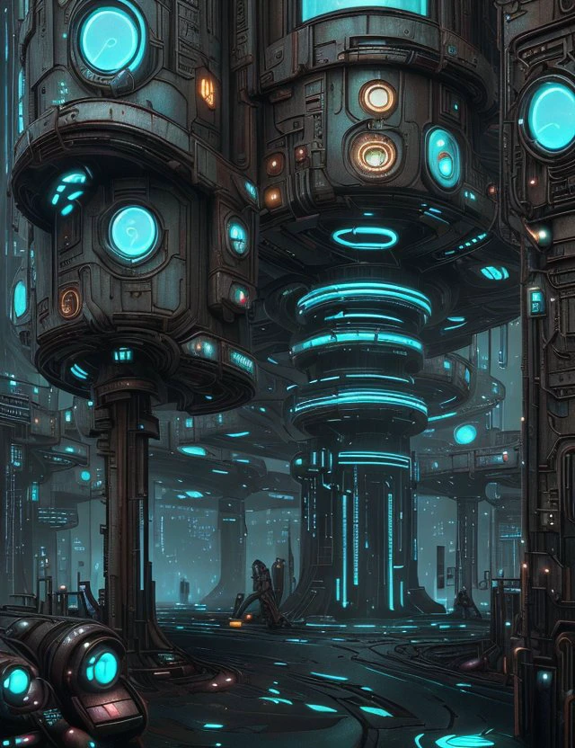 <lora:OxideTech:1.0> OxideTech Cyberpunk Amusement Park, Smart Electroactive Building Skins, Bioluminescent Fungi, Pin Spot Lighting