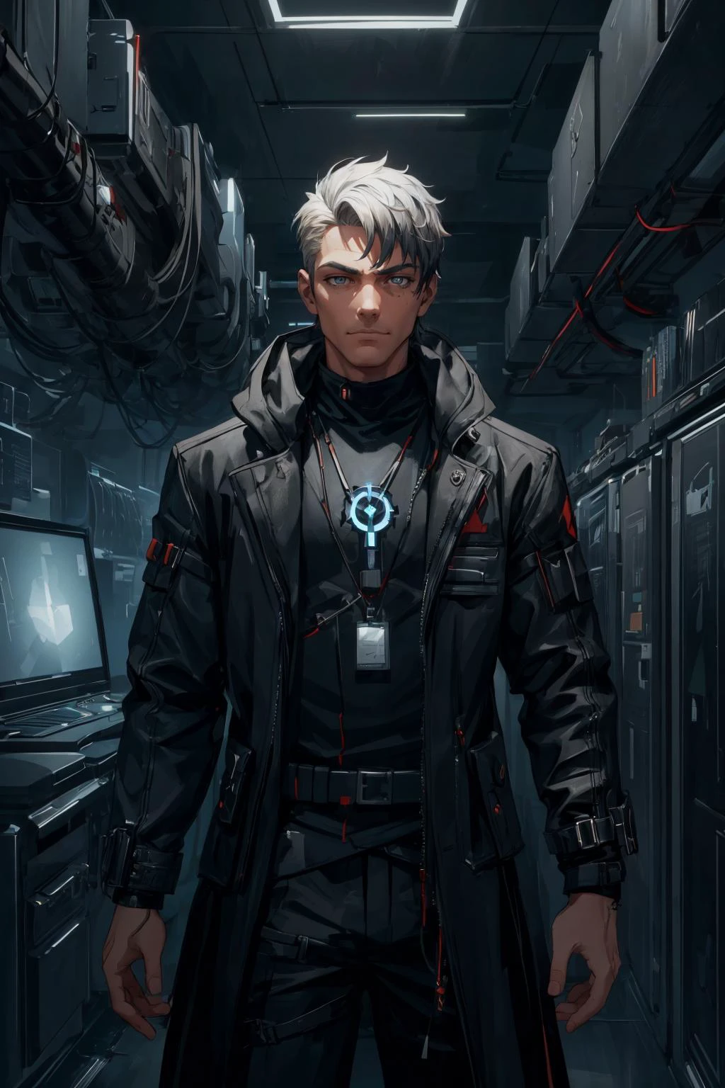 maximum details, cinematic, abstract art, dark theme, stylized, deep shadow, <lora:add_detail:0.5>, <lora:epi_noiseoffset2:0.5>,
(1man, muscular adult male:1.2), grey eyes, light blonde hair, blunt cut,
looking at viewer, solo, half shot, detailed background, detailed face, (<lora:OxideTech:0.6>, oxidetech theme:1.1) evil high-tech futuristic hacker, smirk, advanced technology, coat, techwear, wearable device, keycard, cables, blue (holographic display:1.05), encrypted symbols, laptop, artificial intelligence, server room in background, subterfuge, dark sinister atmosphere,
<hypernet:sxzBloom_sxzBloom:0.2>,
