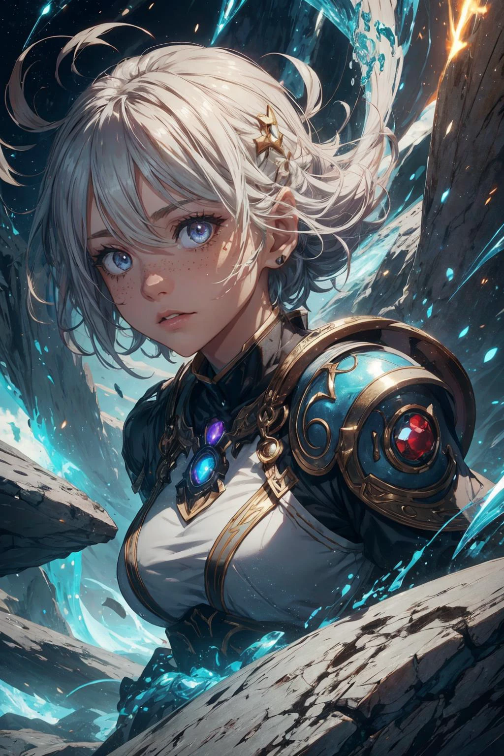<lora:add_detail:0.5>, <lora:FZB_line_weights:0.4>, <lora:realistic:0.1>, <lora:sharpen-soften:-0.1>,
1 girl, adult french woman, freckles, ruby eyes, white fringe hair,
(style-swirlmagic:0.8), portrait, solo, half shot, looking at viewer, detailed background, detailed face, (<lora:OxideTech:0.6>, junker, oxidetech theme:1.1), earth-sorcerer, crystalline eyes, focusing, stone armor, gemstone talisman, controlling rocks, swirling dust swirling elemental energy, geomancy, rocky terrain in background, backlighting, wind, updraft, vibrant color palette, epic atmosphere,
<lora:marker:-0.25>,