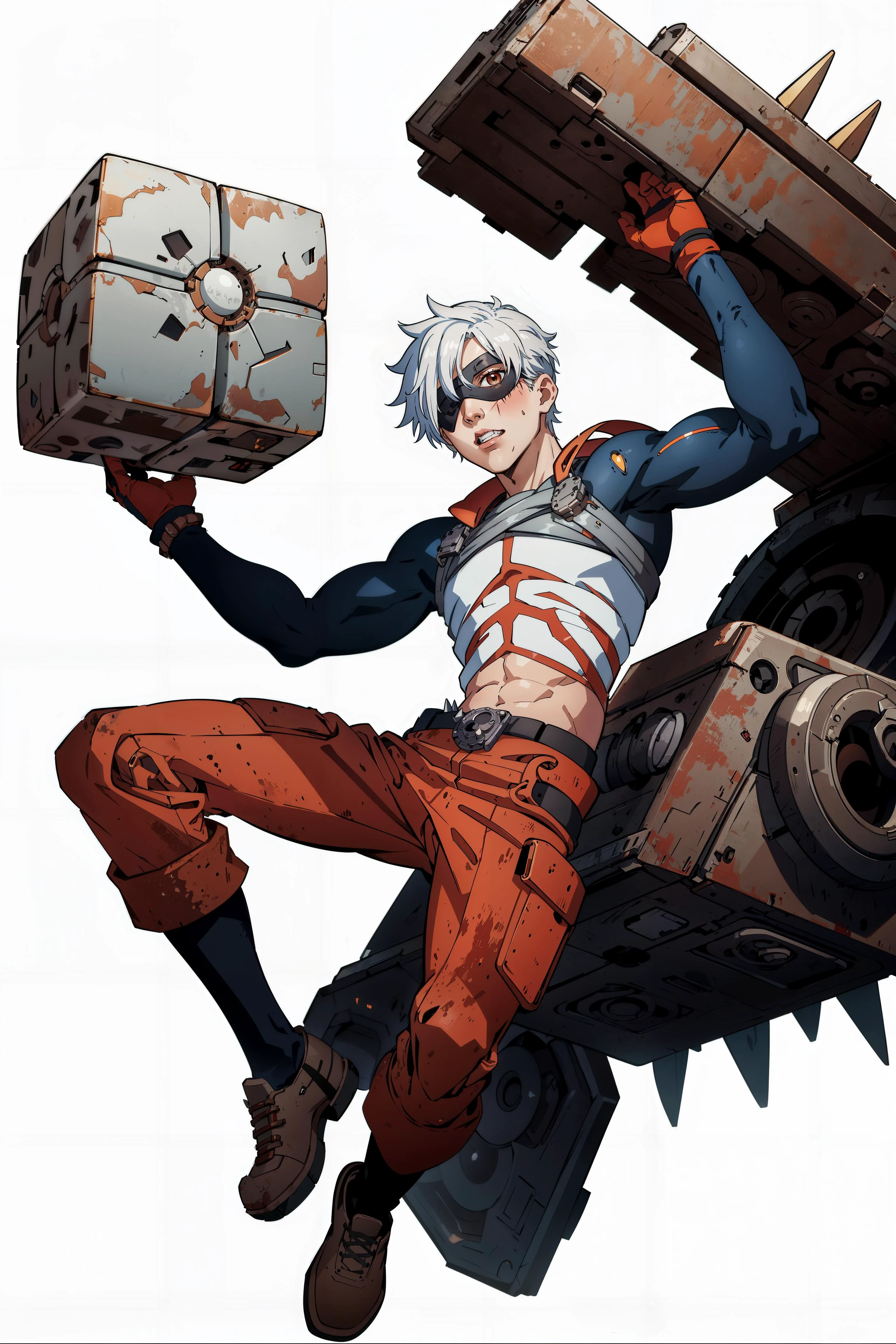 <lora:OxideTech:0.6> oxidetech, (masterpiece, best quality, highly detailed:1.2), (white background:1.2), full body, anime, AS-YoungV2, post-apocalypse, (1boy, small, young), serious, mechanic, (lifting a giant cube), rusty steel, eye patch, white hair, (scars), spikes,