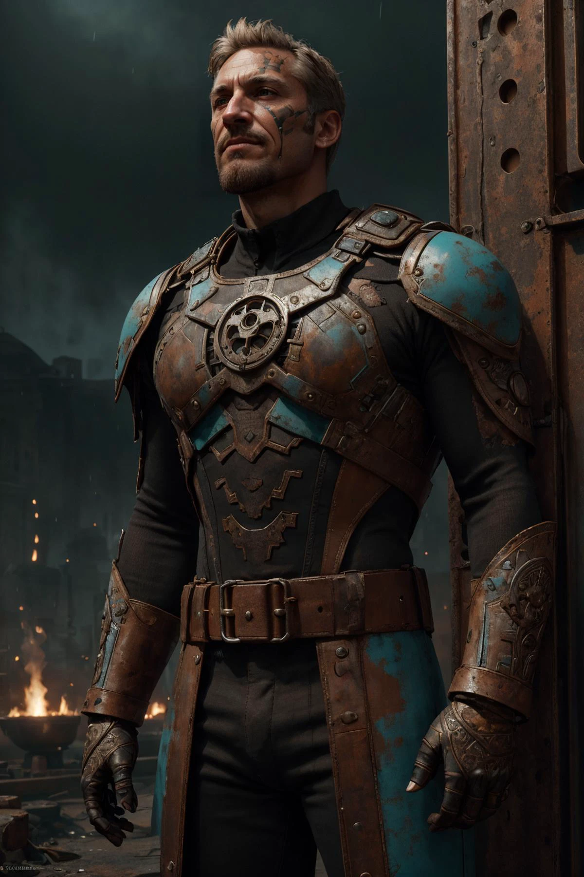 (masterpiece:1.1), (highest quality:1.1), HDR, extreme quality, cg, (negative space), detailed face+eyes, (bright colors), complimentary colors, limited palette, fine art,
<lora:GoodHands-beta2:0.8>,
(1man, old male:1.2), frail, turquoise eyes, blonde hair, fade with goatee,
(style-rustmagic:0.8), looking up, solo, (full body:0.6), detailed background, (<lora:OxideTech:0.6>, junker, rusty steel, oxidetech theme:1.1), purifier, grim determination, , knowing smirk, elaborate intricate leather clothes, straps, , belts, shadowed face, tension in the air, , inquisition, , fellowship of the silver chain, ancient ruins, in background, falling rain,, dark lighting, occult atmosphere,
