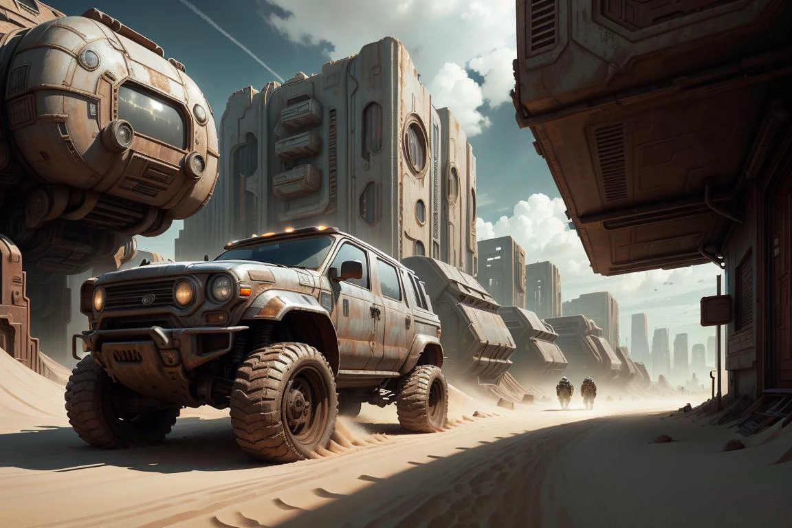 (Nomad:1.2) , highway, free spirit, sandy environment , having fun , <lora:OxideTech-20:0.7> <lora:SaltTech-20:0.4> oxidetech, rusty steel, scifi, salttech, inner glow, glowing, cars , crowded, audience , wide desert , dunes