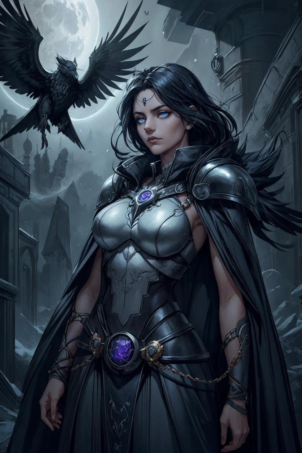 <lora:add_detail:0.5>, <lora:FZB_line_weights:0.4>, <lora:realistic:0.1>, <lora:sharpen-soften:-0.1>,
1 girl, adult (elven:0.7) woman, blue eyes, yellow prom hairstyle,
Style-GravityMagic, solo, upper body, looking down, detailed background, detailed face, (<lora:OxideTech:0.6>, rusty steel, oxidetech theme:1.1), raven-knight, harbinger of the raven-king, dark feathers, wearing cloak, dark raven amulet, emotionless, dark feathered wings, standing, beak themed symbolism, raven-themed runes, raven perched on shoulder, sinister magical aura, dark glowing magical sigils in the air, flocks of ravens flying in background, underworld in background, dark night, volumetric lighting, wind blowing, eerie atmosphere,