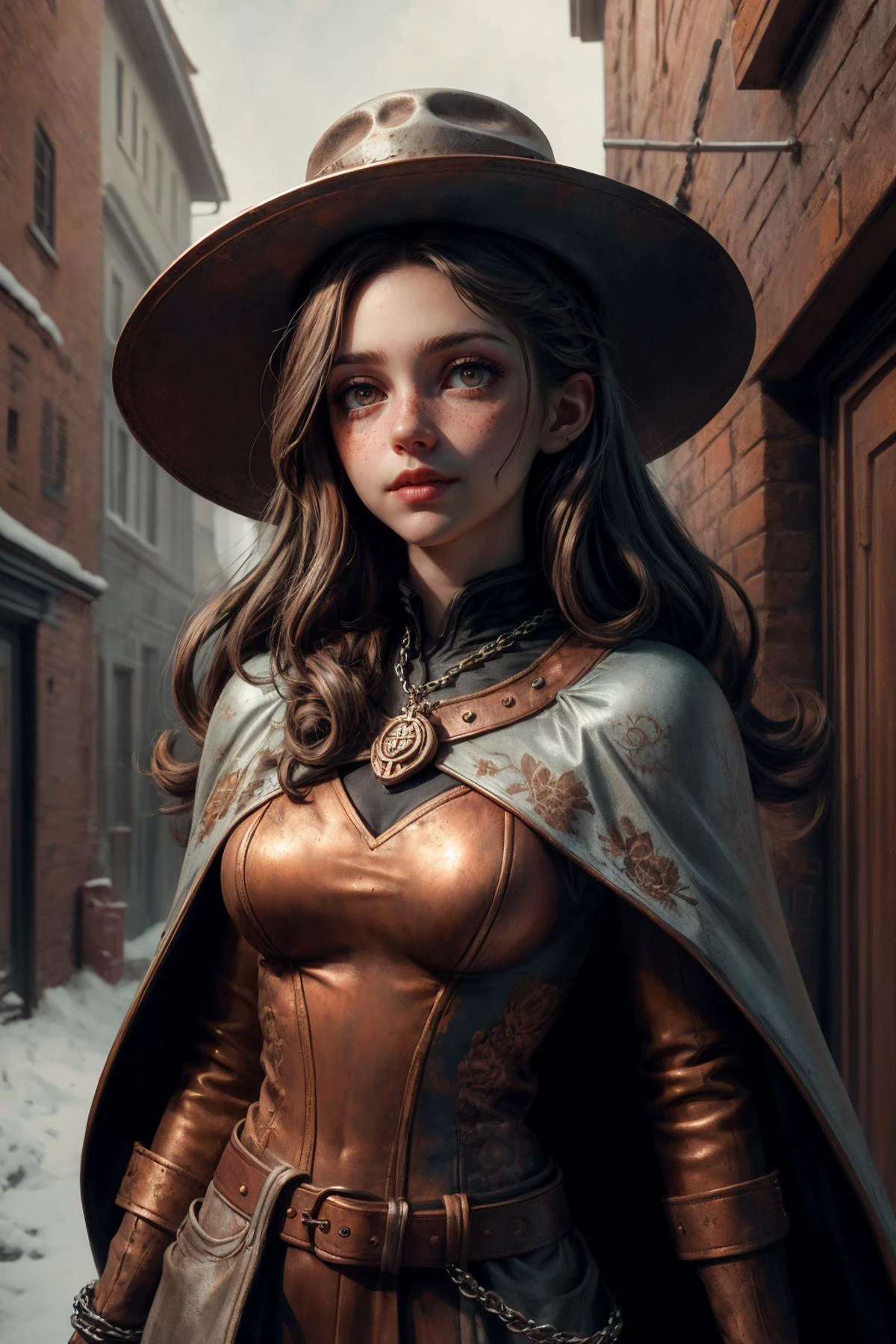 (masterpiece, best quality), photorealistic rendering, abstract and colorful paint style, <lora:add_detail:1>, <lora:anime3d:0.75>, <lora:3DMM_V12:0.25>, 3DMM,
1 girl, adult (elven:0.7) woman, freckles, dark brown eyes, copper lob hair,
(style-rustmagic:0.8), portrait, looking up, solo, half shot, detailed background, (<lora:OxideTech:0.6>, rusty steel, oxidetech theme:1.1), interrogator, smirk, silver trimmed elaborate padded leather clothes, cape, straps, belts, skull symbols, buckles, imperial seal, wide brimmed tall hat, gunpowder, chains, dark medieval alley in background, winter, occult atmosphere, dim lighting, shadows, warhammer dark fantasy,