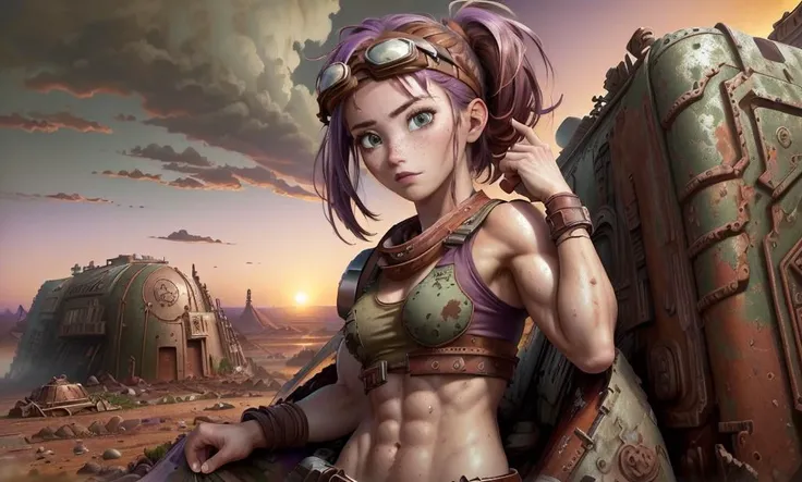 (portrait), (adult woman), (1girl, solo), woman collecting scrap, tanktop, dirty, ((small breasts)), ((muscular)), abs, navel, (maroon hair, medium hair, goggles on head), (green eyes), (sensual, seductive), freckles, detailed skin, ((landscape, wasteland, sunset, purple sky)), (best quality, high detail), ((masterpiece)), <lora:anna_of_arendelle_v2:0.8> , (anna of arendelle),