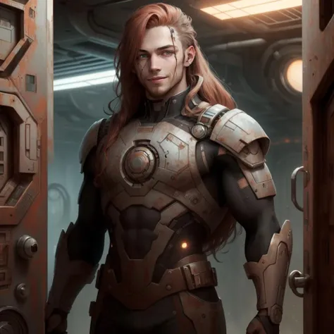 <lora:OxideTech-20:1>,oxidetech ,scifi,rusty steel, junker ,
scholar , scroll, 1boy,long hair, red hair, glowing eyes, smile ,closed mouth,man