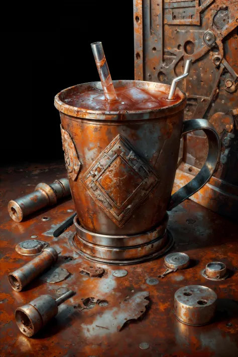 <lora:add_detail:0.6> <lora:OxideTech:0.8> (masterpiece, best quality, realistic, detailed, sharp:1.2), intricate details, oxidetech cup, (photo of a drink, liquid), rust, rusty steel frame, junker background,