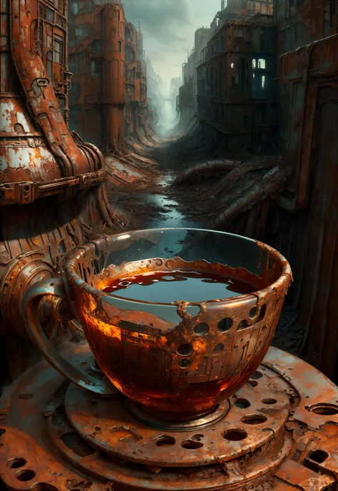 <lora:add_detail:0.6> <lora:OxideTech:0.8> (masterpiece, best quality, realistic, detailed, sharp:1.2), intricate details, oxidetech, (closeup of a glass cup:1.1), overflowing liquid, rust, rusty steel frame, blue glow, abandoned city ruins background reclaimed by nature, plants,