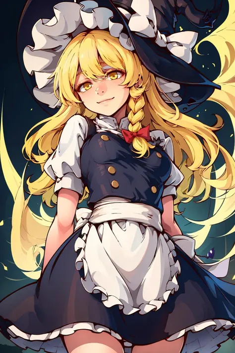 ((masterpiece,best quality)), absurdres, <lora:Kirisame_Marisa_Touhou:0.8>, Kirisame_Marisa_Touhou,   1girl, blonde hair, kirisame marisa, solo, long hair, braid, bow, black witch hat, yellow eyes, single braid, hair bow, black skirt, apron,  solo, smiling, looking at viewer, from below, cowboy shot,