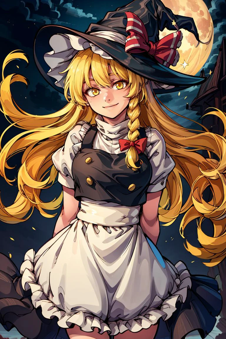 ((masterpiece,best quality)), absurdres, <lora:Kirisame_Marisa_Touhou:0.8>, Kirisame_Marisa_Touhou, 1girl, blonde hair, kirisame marisa, solo, long hair, braid, bow, black witch hat, yellow eyes, single braid, hair bow, black skirt, apron, solo, smiling, looking at viewer, cowboy shot, full moon, big moon