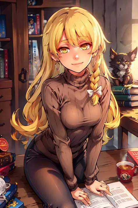 turtleneck sweater, earrings, library, cup of coffee, sitting at table((masterpiece,best quality)), absurdres, <lora:Kirisame_Marisa_Touhou:0.8>, Kirisame_Marisa_Touhou,   1girl, blonde hair, kirisame marisa, solo, long hair, braid, bow, yellow eyes, single braid, hair bow, solo, smiling, looking at viewer, cowboy shot,