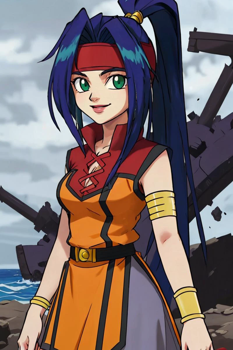 <lora:Sugimori_Ken_Style_v2:0.8>,((masterpiece,best quality)), absurdres, <lora:Mariam_Beyblade:0.8>, Mariam_Beyblade, 1girl, solo, green eyes, long hair, blue hair, ponytail, orange dress, grey skirt, bracelet, clothing cutout, headband, hair intakes, high ponytail, armlet, cleavage, solo, smiling, looking at viewer, cowboy shot,