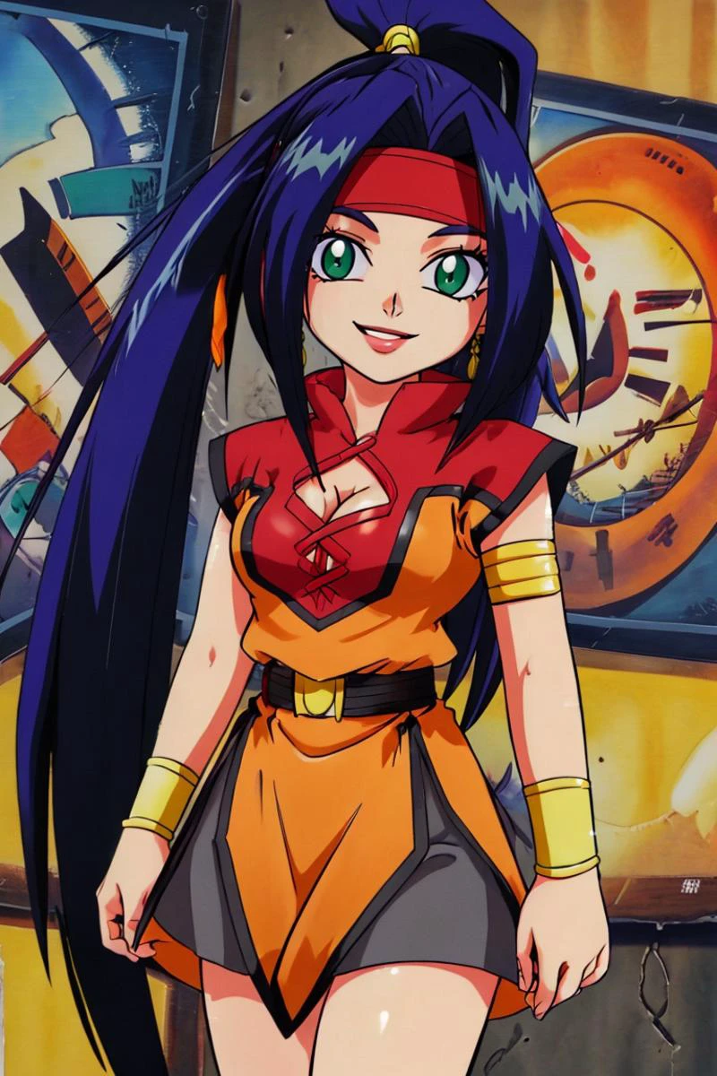 <lora:hoshino_fuuta_style:0.8>,((masterpiece,best quality)), absurdres, <lora:Mariam_Beyblade:0.8>, Mariam_Beyblade, 1girl, solo, green eyes, long hair, blue hair, ponytail, orange dress, grey skirt, bracelet, clothing cutout, headband, hair intakes, high ponytail, armlet, cleavage, solo, smiling, looking at viewer, cowboy shot,