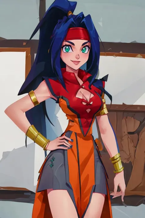 <lora:Iota:0.8>,((masterpiece,best quality)), absurdres, <lora:Mariam_Beyblade:0.8>, Mariam_Beyblade, 1girl, solo, green eyes, long hair, blue hair, ponytail, orange dress, grey skirt, bracelet, clothing cutout, headband, hair intakes, high ponytail, armlet, cleavage, solo, smiling, looking at viewer, cowboy shot,