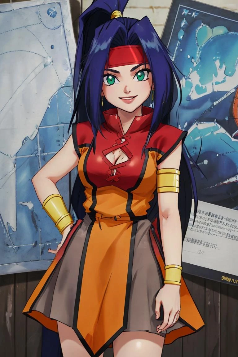 <lora:Style_of_the_Winds :0.8>,((masterpiece,best quality)), absurdres, <lora:Mariam_Beyblade:0.8>, Mariam_Beyblade, 1girl, solo, green eyes, long hair, blue hair, ponytail, orange dress, grey skirt, bracelet, clothing cutout, headband, hair intakes, high ponytail, armlet, cleavage, solo, smiling, looking at viewer, cowboy shot,