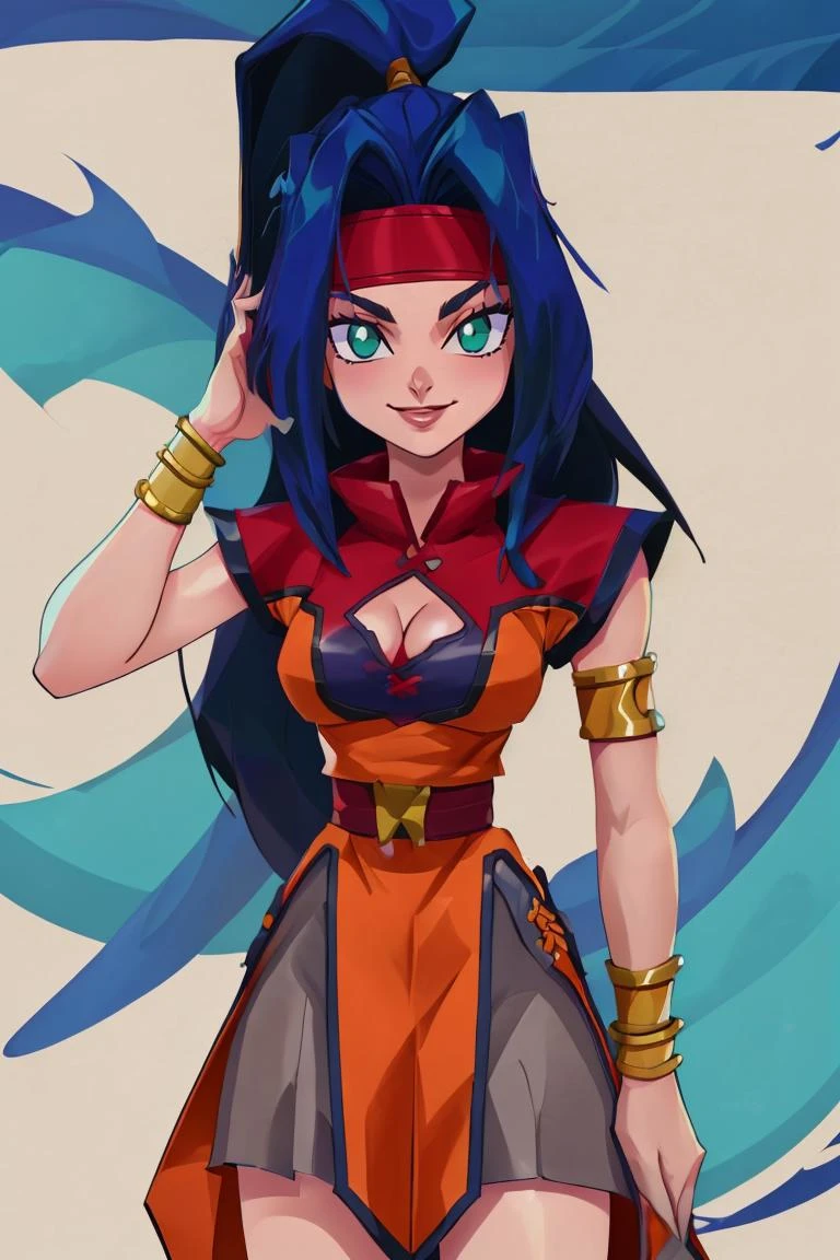 <lora:Iota:0.8>,((masterpiece,best quality)), absurdres, <lora:Mariam_Beyblade:0.8>, Mariam_Beyblade, 1girl, solo, green eyes, long hair, blue hair, ponytail, orange dress, grey skirt, bracelet, clothing cutout, headband, hair intakes, high ponytail, armlet, cleavage, solo, smiling, looking at viewer, cowboy shot,