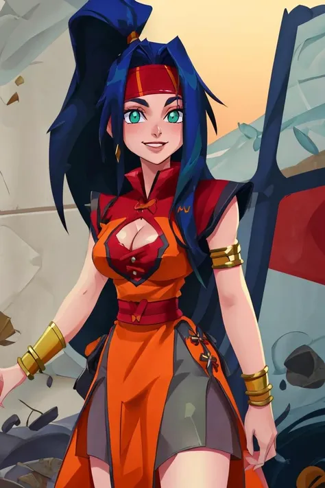 <lora:Iota:0.8>,((masterpiece,best quality)), absurdres, <lora:Mariam_Beyblade:0.8>, Mariam_Beyblade, 1girl, solo, green eyes, long hair, blue hair, ponytail, orange dress, grey skirt, bracelet, clothing cutout, headband, hair intakes, high ponytail, armlet, cleavage, solo, smiling, looking at viewer, cowboy shot,