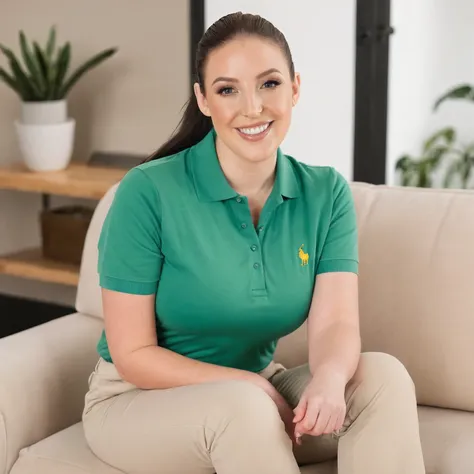 a woman <lora:angelawhite-xl:0.8> angelawhite sitting on a couch, smiling at viewer, polo shirt and chino pants