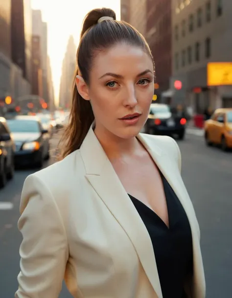 angelawhite ,On the bustling streets of New York during the golden hour, where the city's energy is palpable, a cinematic photo captures the urban dream. Full body shot focus, Photorealistic portrait in breathtaking detail, photo scanned at ultra-high resolution, inspired by Helmut Newton and Peter Lindbergh. Warm, golden light, vibrant city backdrop, a look of determined ambition, glossy nude lips, hair pulled back in a power ponytail, wearing a sharp, tailored suit, a designer watch, and pointed heels, defining the essence of city sophistication. 35mm photograph, film, bokeh, professional, 4k, highly detailed.